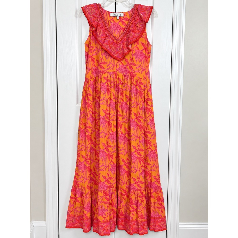 Bella Tu Floral Tiered Maxi Dress Small Pink Orange Boho Resort Sequin Ruffle